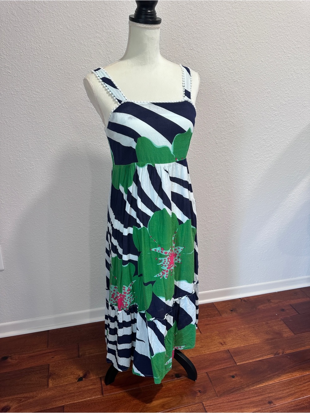 Jude Connally Navy White Green Floral Zebra-Print Maxi Dress